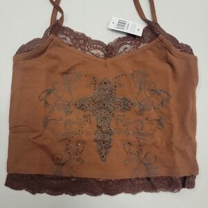 NEW Hot Topic Brown Cross Filigree Lace Cami Rhinestone Gothic Crop Tank Top MD